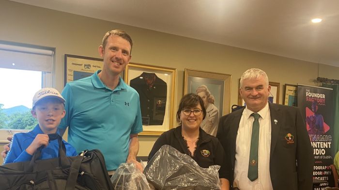 Father and son winners of the weekly scramble at Glengarriff Golf Club, Sean Fouhy and Ronan Fouhy with Becky Tade O'Sullivan. Also included is Owen J Dinneen, captain.  The scramble was sponsored by Steve Cameron.