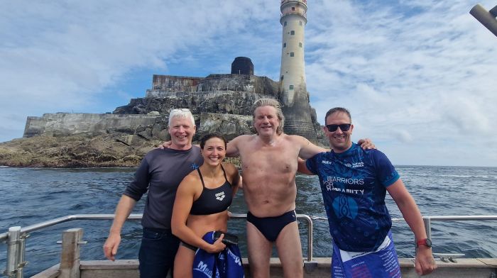 A new record time of 5 hours, 16 minutes and 45 seconds was set on Sunday for the Fastnet Swim. Milko van Gool from the Netherlands beat the previous record set by American Andrew Packer.  From left: Skipper Kieran Collins with observer Brianna Jackson, Milko van Gool  and crew Paul de Ward.