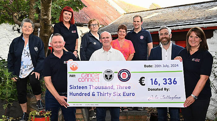 John Callaghan raised a sum of €16,336 with his Peak Week Carrauntoohil challenge. At a recent cheque presentation held at O’Donovan’s Hotel, the money was shared between three charities,  Cancer Connect, West Cork Rapid Response and West Cork Underwater Search and Rescue. From left: Dena O’Donovan, O’Donovan’s Hotel; Jim Murphy, Cancer Connect; Sinead Crowley, Cancer Connect; Betty Hennessy, West Cork Rapid Response; John O’Callaghan, fundraiser; Catherine Callaghan; Eamonn Barry, West Cork Underwater Search and Rescue; Christopher O’Sullivan TD and Helen O’Driscoll, manager Cancer Connect. All three organisations thanked John Callaghan for his immense effort and also the public for their support and donations.  (Photo: Martin Walsh)