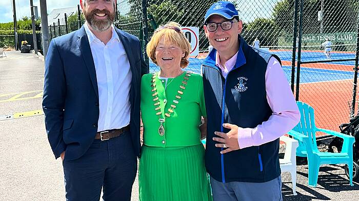 The Kinsale Tennis Club recently received Tennis Ireland Clubmark silver accreditation. Visiting the courts were (from left) Christopher O’Sullivan TD, Letty Lucas, chair of Tennis Ireland and Sean Lynch, president of the Kinsale Tennis Club.