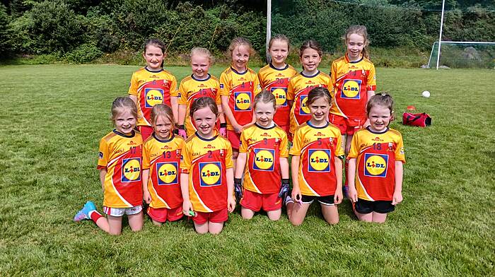 The Tadhg MacCarthaigh U8 girls had a great morning of football last Saturday in Leap and are improving with every game.  Back (from left) Emily Moore, Ellie Rose Crowley, Maggie Barry, Laura Murray, Aoibheann O’Sullivan and Anna Draper. Front (from left) Saoirse O’Regan, Amy McCarthy, Méabh Hayes, Aoibhín Barry, Kate Moyihan and Cara Reen.