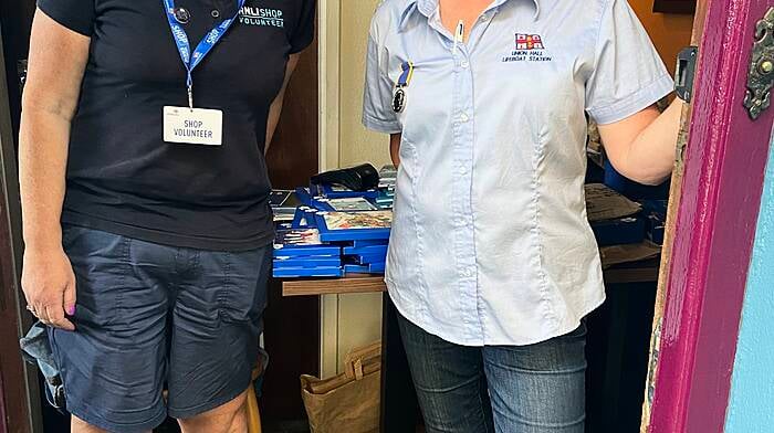 Pamela Deasy (lifeboat press officer) with Mary Jacinta Casey (volunteer) at a coffee morning held recently at Casey's Bar in Glandore and which was organised by Mary Jacinta and her brothers Lawrence and Patrick. The sum of €4,225 was raised on the day for the RNLI.