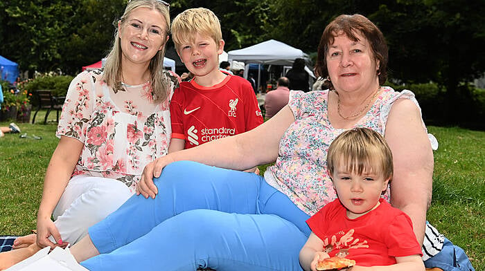 Michelle Lynch from Ardfield with her children Stevie and Oisin and her mum Ann Freeney, from Mayo, enjoying a picnic in Kennedy Park, Clonakilty.  (Photo: Martin Walsh)