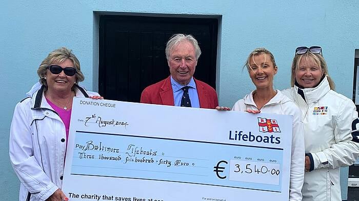 The Crookhaven Harbour Sailing Club announced that the annual ladies lunch, hosted at Nottage’s Restaurant in Crookhaven in July, was a resounding success which raised €3,450 from the raffle. The proceeds from the raffle have been donated to the 

Baltimore Lifeboats RNLI, which is a cause close to the hearts of many.  At the presentation were (from left) Anne Hegarty, Declan Tiernan (chairman, RNLI Baltimore), Susan Nathan and Amy Murray.