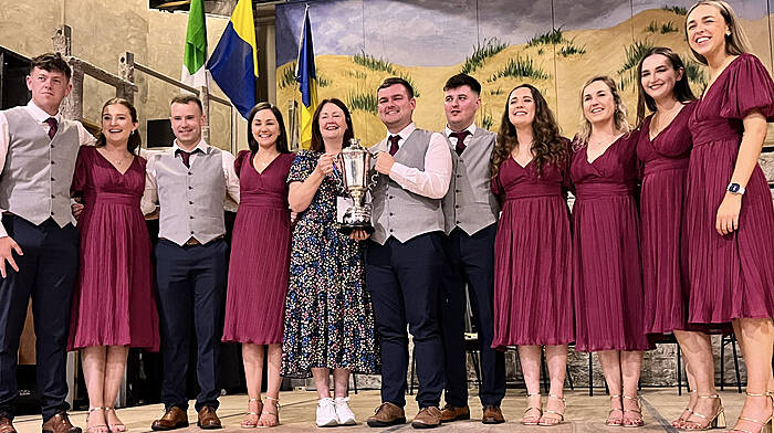 The Drombeg Céilí Band CCE Dúglas won third place at the All-Ireland Fleadh Cheoil senior céili band competition in Wexford last Sunday. From left: Shane Scanlon, Muireann Hickey, Ciarán French, Maria Carey, Attracta Brady (president, CCE), Donagh McElligott, Eoin Burke, Helen Coughlan, Mairéad Carey, Leah Murphy and Áine Nolan.