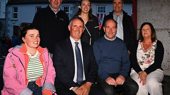 At the official opening of the Timoleague Harvest Festival were (front, from left) Miriam Hodnett, John O’Sullivan, Sean Deasy and Josephine Kelly.  Back (from left) DJ Keohane, Valda Smith and John Walsh.   (Photo: Martin Walsh)