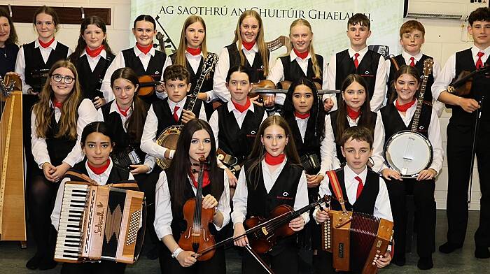 The winning U15 group from Ballinspittle branch of Comhaltas who won at the All-Ireland Fleadh competition in Wexford are (back, from left) Rosaire Cagney, Muireann Golden, Leah O'Connell, Emma McElwaine, Orla O'Connell, Anna Kelleher, Aine Kearney, Daniel Power, Archie O'Callaghan and Finn Harris. Middle (from left) Blaithin Collins, Roisin Ward, Fionan Ward, Katie Crowley, Niamh Seymour, Claire Curtin and Elle Murphy. Front (from left) Eilish Seymour, Aoife Crowley, Lucy Cronin and Ross Collins.