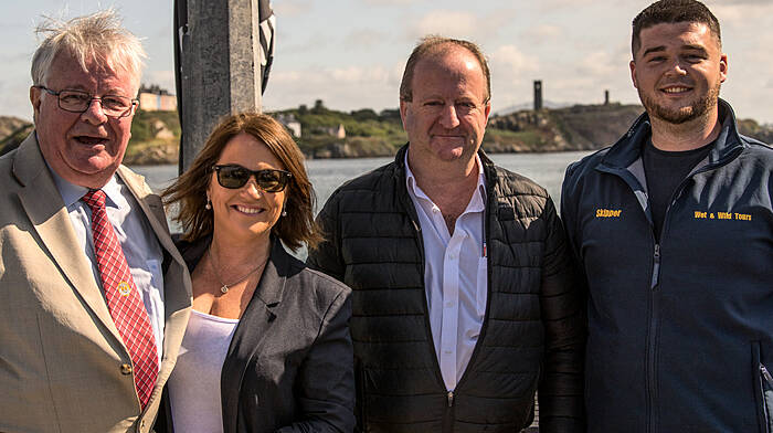 Clockwise from above: At the 'Parade of Boats' to the Fastnet in Crookhaven last weekend, to mark the Rock's 120th birthday, were Cllrs Joe Carroll and Caroline Cronin, Deputy Michael Collins, and parade organiser Mark O'Reilly of Wet and Wild Tours;  Ellen O’Riordan, Lislevane and Donnagh O’Driscoll, Ballinascarthy at the Sacred Heart Secondary School Clonakilty Debs celebrations; Skibbereen author Caragh Bell with her parents Ann and John Bell, brother Ian and sister Louise at the launch of her latest novel Fortuna at the Corner Bar in Skibbereen. (Photos: Martin Walsh & Anne Minihane)