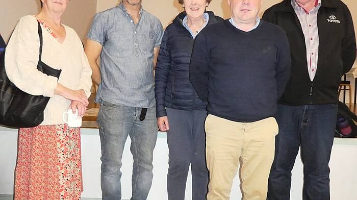 At the recent historical talk on Castleview Mills, which was held at Ballinascarthy Hall, were (from left) Mary Kingston, Joe O'Leary (who gave the talk), Maureen Ahearn, Tommy Ellis and Liam Condon.