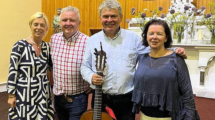 Following the very successful concert featuring John Spillane and the Bandon-based acapella choir, Munster Mix, in Ahakista Church last Friday evening, members of the committee enjoyed chatting with John Spillane. From left, Eilís Cohalan Hodnett, David McCarra, John Spillane and Josephine Mulhall.