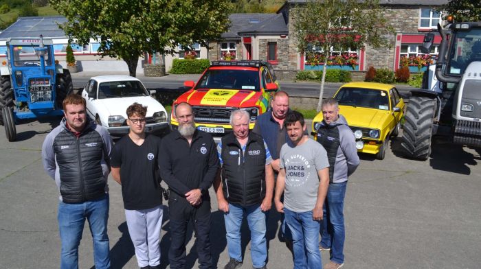 Humphrey O’Sullivan, Nikolas and Dr Jason van der Velde, Seamus McCarthy, Alan Murphy, Aidan McCarthy and Sean Casey at the Travellers Rest in Caheragh for the launch of Caheragh and District Vintage Club’s Charity Run, which takes place on Sunday September 8th to raise money for West Cork Rapid Response. (Photo: Anne Minihane)