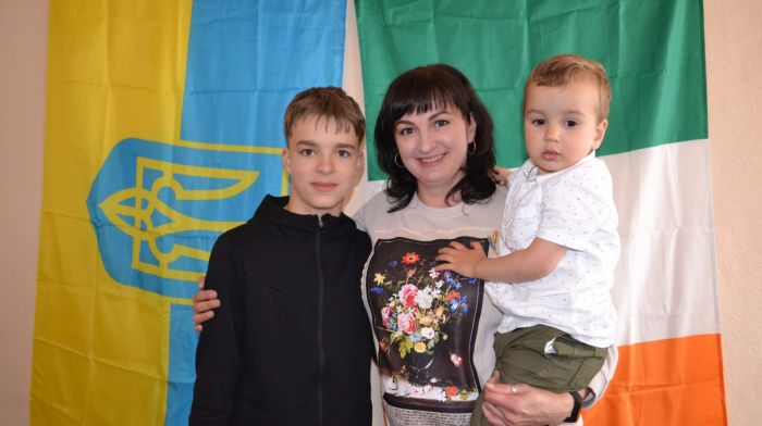 Liliia Hurianova with her sons Illia Sotnykno and Bohdan Hurianova celebrating Ukraine Indepnendence Day at Church Cross near Skibbereen. (Photo: Anne Minihane)