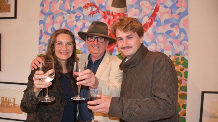 Artists Christina Todesco Kelly and John Kelly with their son Oscar at the opening night of the exhibitions at Cnoc Buí in Union Hall. (Photo: Anne Minihane)