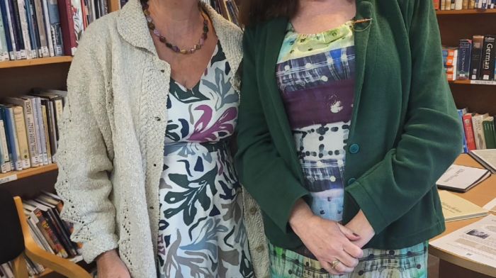 Madeline Hutchins (left) and Annette Skade at Bantry Library for the launch of ‘Holdfast’, Annette’s new poetry collection.