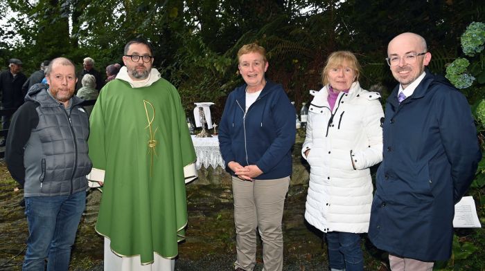 Richard O’Sullivan, Fr Fergus Ryan, Sister Jane Murphy, Margaret O’Dwyer and Paul Finn at the annual celebration of mass at Mass Rock, Béal an Aifrinn, Ballycullenane, last Friday evening.  (Photo: Martin Walsh)