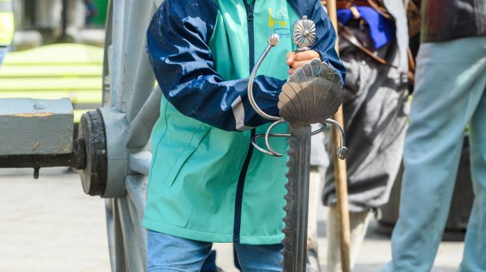 Six-year-old Beorn Bowles from Ballydehob getting fierce with a replica 17th Century Duscak sword in Kinsale for a living history display showcasing clothing, weapons, and drills from the Battle of Kinsale as part of the 424th anniversary event for the battle. (Photo: John Allen)