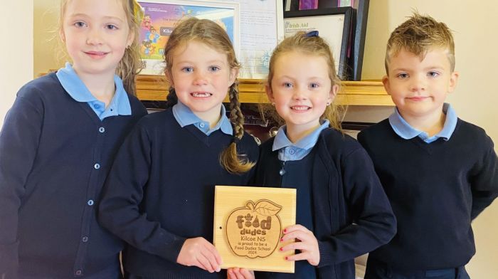 Kilcoe National School was recently awarded the Food Dudes award for their hard work in the programme for the past three years. Included in the photo are (from left):  Chloe Keohane, Orla Hickey, Lillia Casey and Daniel Harte.