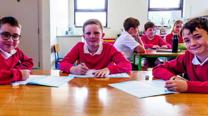 Denis O’Shea, Jack Crowley and John Downing on their fi rst day back to Trafrask National
School, Adrigole after their summer holiday. (Photo: Anne Marie Cronin)