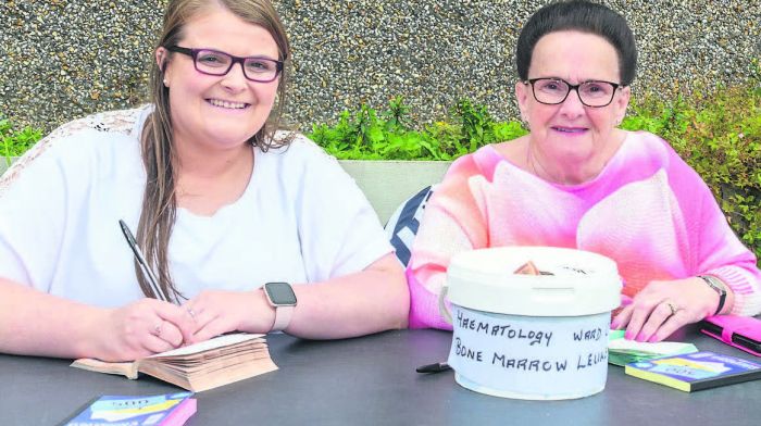 Fiona Connolly (Rossmore) and Anne McGrath (Cappoquin, Co Waterford), were busy
selling tickets at the recent Ballygurteen tractor, truck, car and bike run which started in
Rossmore and which was held in aid of the 2D Haematology Ward CUH and the Bone Marrow
for Leukaemia Trust. (Photo: David Patterson)