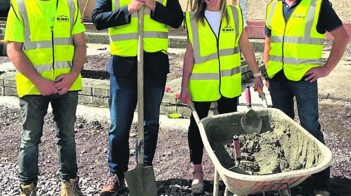 On the site of Clogagh National School’s new special education needs base were (from
left) Micky Kirby of Kirby construction, TD Christopher O’Sullivan, Helen O’Flynn, school
principal, and Mike Kirby of Kirby Construction.