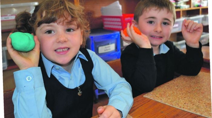 Aoibheann O’Connor and Charlie French both started school in junior infants at
Drinagh National School last week. (Photo: Anne Minihane)