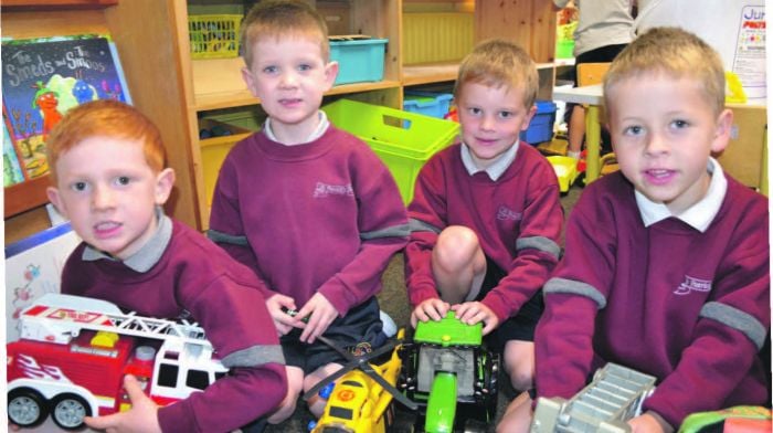 Enjoying their fi rst few
days in junior infants
at St Patrick’s Boys
National School in
Skibbereen were
David McCarthy, Odran
Walsh, Jamie Long and
Christian O’Regan.