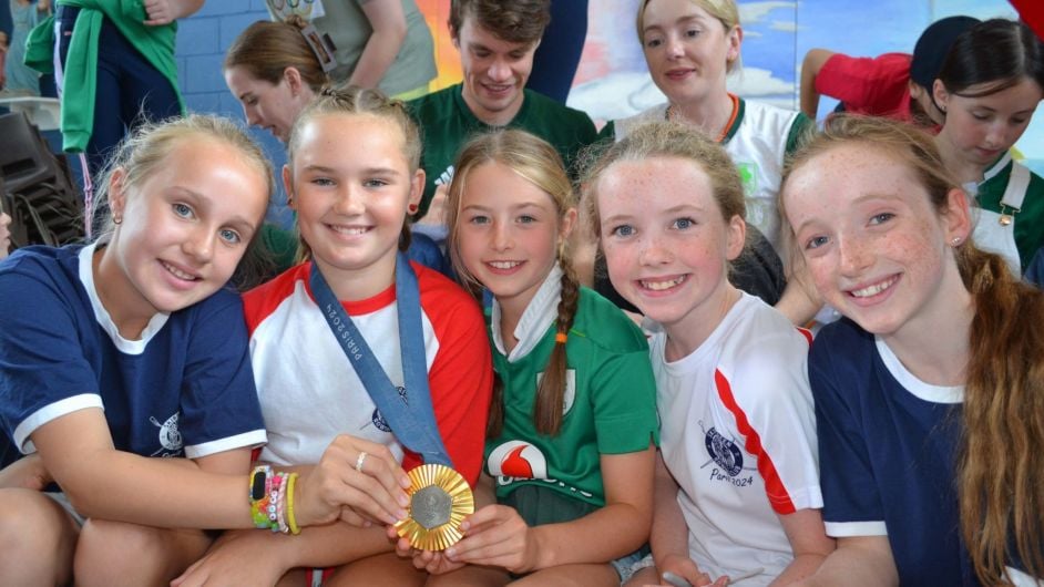 Sophie Dineen, Alysia Long, Alice Hayes, Katie Collins and Saidbh O'Driscoll pupils of St Joseph's National School in Skibbereen were delighted with the visit of Olympians Emily Hegarty, Fintan McCarthy and Aoife Casey. (Photo; Anne Minihane)