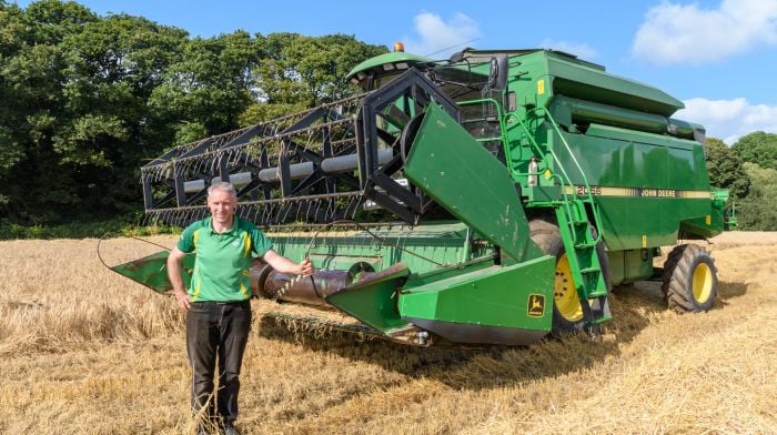 Barry O’Driscoll (Enniskeane) taking a break from harvesting a twenty acre block of laureate malting spring barley with a John Deere 2056 combine on a hot sunny day west of Ballineen, beside the Carbery Group on the banks of the Bandon river. The moisture content was 17% on the day.   (Photo: David Patterson)