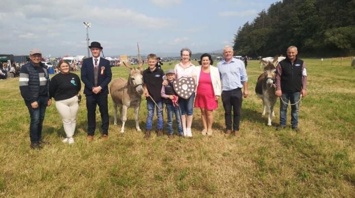 At the recent Bantry Show were Martin Collins, Katie Dineen, Judge Conor O'Hare, Jamie and Ryan Twomey, Marian O'Brien, Linda Harrington, and John Dineen.  Jamie and Ryan from Leap scooped champion and reserve champion donkey at the show with their donkeys Dolly and Dee.