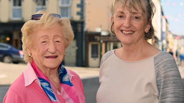 Clonakilty lady Noreen Minihan (left) with Monica Lowe, who lives in Kilkenny but is originally from Clonakilty, enjoying a catch-up on a recent visit.  (Photo: Martin Walsh)