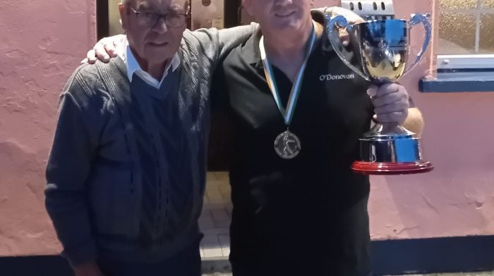 Chairman of Jagoes Mills bowling club, Tim Buckley (left) with Brendan O'Donovan following his recent All-Ireland success.