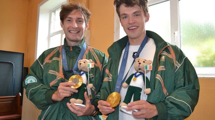 Paul and Fintan received specially made teddy bears to mark their historic win at the Paris Olympics. (Photos: Anne Minihane)