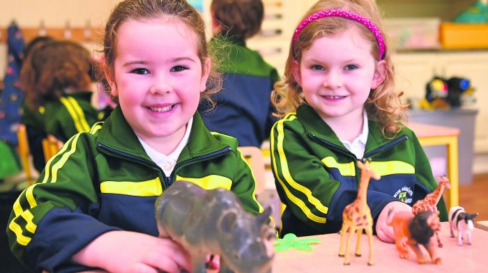 Lucy O’Sullivan (left) and Aoibhinn O’Donovan-Uhl on their first day at Ardfield National School.  (Photo: Martin Walsh)