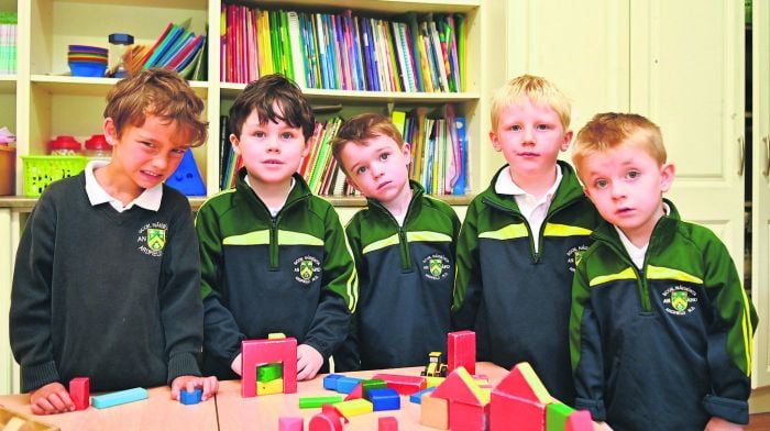 On their first day at Ardfield National School were Bodhie Stone, Daniel O’Sullivan, Bradley O’Donovan-Sykes, Ethan Burgin and DJ McCarthy.  (Photo: Martin Walsh)