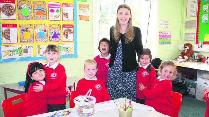 Cara Guerrero, Saoirse O'Sullivan, Theo Payne Lynch, Connor Niemann, Evie Johnson and Nina Woodword with teacher Katie Buttimer on their first day at St James National School in Durrus. (Photo: Carlos Benlayo)