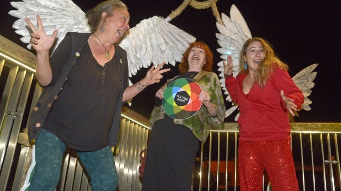 Enjoying Culture Night in Bandon  at the footbridge were artist Dinny Wheeler with Culture Night co-ordinator Marguerite McQuaid and musician Áine Duffy. (Photo: Denis Boyle)