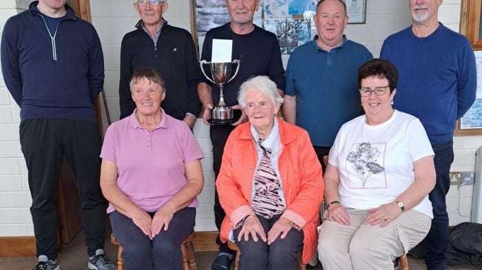 At the Garrettstown/Old Head Pitch and Putt Club’s prizegiving ceremony were (front, from left): Margaret O’Brien, Ann Bowen (presenter of the Paddy Bowen Cup) and Noreen Quinn. Back (from left): Andrew Crowley, Pat Coholan, Mick Henchin (winner), Liam Quinn and Pat Nyhan.