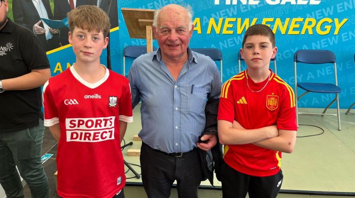 Derry O’Driscoll from Skibbereen with his grandson Ben Twohig (left) and John Bohane (right) visiting the Fine Gael stand at the National Ploughing Championships in Ratheniska, County Laois last week.