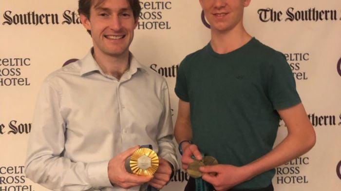 Thirteen-year-old Lori Lewis from the Galley Flash Rowing Club, with his two All-Ireland rowing gold medals, meeting his hero Paul O’Donovan at the Celtic Ross Sports Star awards night.