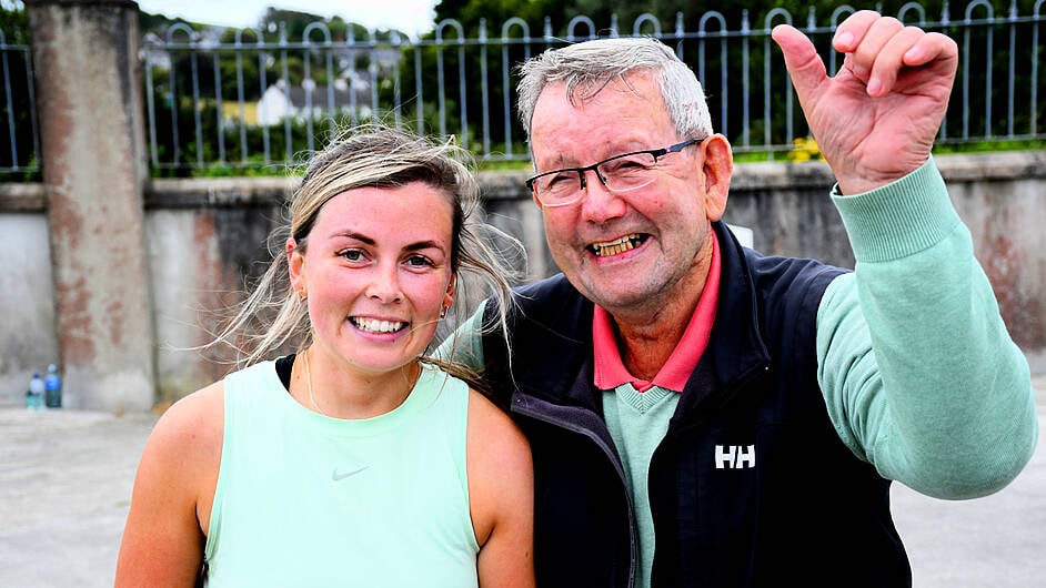 Amy Minihane gets the Thumbs Up from her grandfather John Minihane after finishing the Hyrox Endurance Event in Skibbereen on Saturday last. (Photo: Garry Minihane)