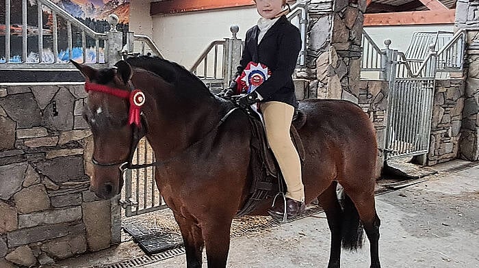 Six year old Rebecca Fleming from Butlerstown and her pony “Whitesleaze Secret Temptation” won the Champion Mini Pony title at the recent National Irish Pony Society Championships in Hollypark, Limerick.