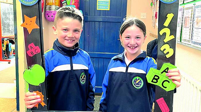 Twins Eli and Evie McCarthy enjoying their return to Lisavaird National School where they will be in third class.