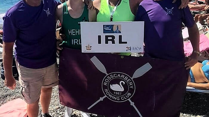 Jack Hehir represented Rosscarbery Rowing Club at the European rowing coastal and beach sprints last weekend in Genoa, Italy. Also included in the photo is Jack’s father Martin and Rosscarbery Rowing Club members Chris Hayes and Michael Walsh.