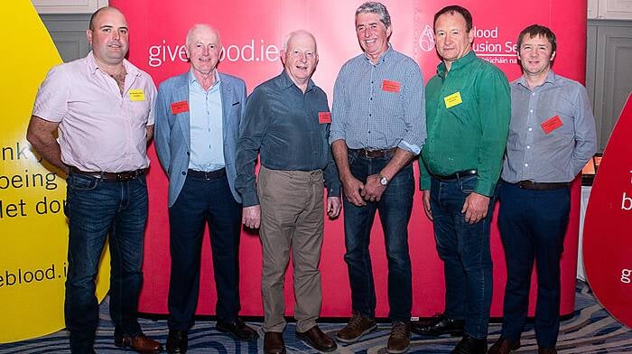 The Irish Blood Transfusion Service celebrated 50 donations and 100 donations at a ceremony in Rochestown Park Hotel. Donacha Creed (Inchigeela), Noel O’Mahony, (Bantry), Daniel Kelleher (Belgooly), Donal Dempsey (Ballinhassig), Dan Crowley (Clonakilty) and Michael O’Donovan (Clonakilty) were all honoured at the event. (Photo: John Allen)