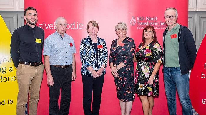 The Irish Blood Transfusion Service celebrated 50 donations and 100 donations at a ceremony in Rochestown Park Hotel. Barry Condren (Macroom), Patrick O’Regan (Skibbereen), Mary Reardon (Ballinhassig), Anne O’Brien (Drimoleague), Catherine McSweeney (Bandon) and Garry Keevers (Bantry) were all honoured at the event. (Photo: John Allen)