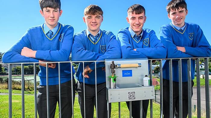 Kinsale Community School fifth year students Seán Dineen (Innishannon), David Forde (Kinsale), John Quinn (Tracton) and Jack Good (Tracton) with their Farm Equipment Holder they developed when in Transition Year.  (Photo: John Allen)