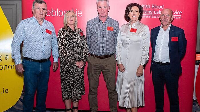 The Irish Blood Transfusion Service celebrated 50 donations and 100 donations at a ceremony in Rochestown Park Hotel. Thomas O’Sullivan (Macroom), Catherine O’Regan (Bandon), Raymond McCarthy (Kilbrittain), Lucy McSweeney (Bandon) and Sean O’Donoghue (Bandon) were all honoured at the event.  (Photo: John Allen)