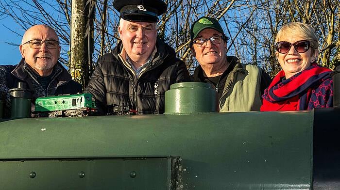 Richard Lee, Mark Dunlea, Brendan Buckley and Margaret O'Donovan were at the Station House fundraising campaign's Christmas Tree recycling and model show day on Sunday last. The exhibition featured this scratchbuilt C Class locomotive and 3D printed Bandon Tank 464, which sits atop model 464. Right: Ready for the Rossmore Variety Show ’24 in aid of Cancer Connect, Palliative Care, KCDA and Kilmeen GAA, were (back) Ryan Collins, Darren Scannell, Tadhg O’Brien and Jonathan Deasy and (front) James Scannell and Mark Keohane.  The show takes place this Thursday, Friday and Saturday and also on Friday January 19th and Saturday January 20th. (Photos: Andy Gibson & Martin Walsh)