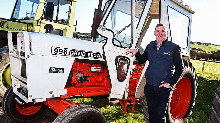 Denis Ryan, Innishannon, next to his David Brown 996 vintage tractor, at the Roberts Cove Vintage New Year Tractor, Truck & Car Run, Tracton GAA grounds, Sunday 7th January 2024. Photo Siobhán Russell