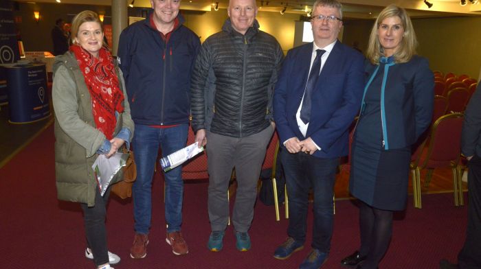 At the Housing for All, Housing for You seminar at the Munster Arms Hotel were Lynn and Barry O’Sullivan, Declan
O’Neill, Cllr Sean O’Donovan, who hosted the event, and exhibitor Hazel O’Connell, Bank of Ireland. (Photo: Denis Boyle)